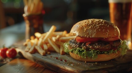 A delicious hamburger with fresh ingredients, perfect for food concepts