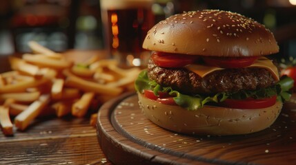 A delicious hamburger and crispy french fries on a wooden board