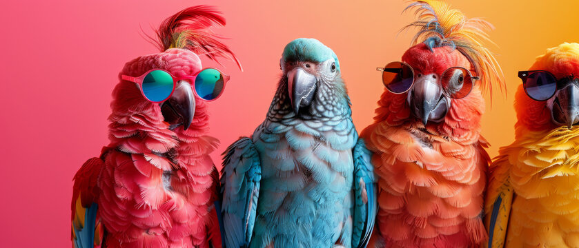 A vibrant image showing a quirky row of parrots adorned with colorful sunglasses against a dual-tone background