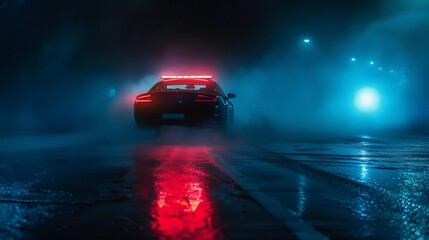 Police car chasing a car at night with fog background. 911 Emergency response police car speeding to scene of crime. Selective focus - obrazy, fototapety, plakaty