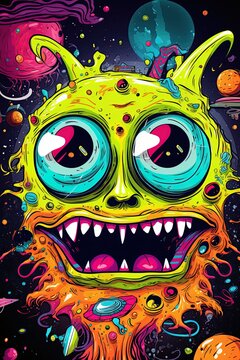 Alien creature in outer space. Doodle drawing in style of pop art. Ai Generative