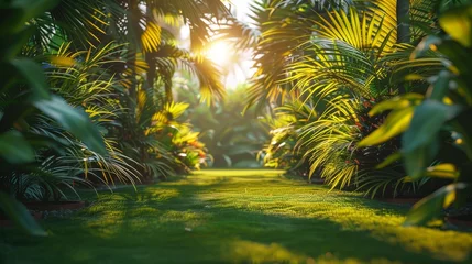 Tuinposter tropical palm trees with lush foliage grow in tropical gardens © Zaleman