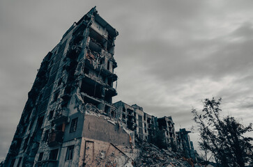 destroyed and burned houses in the city during the war in Ukraine