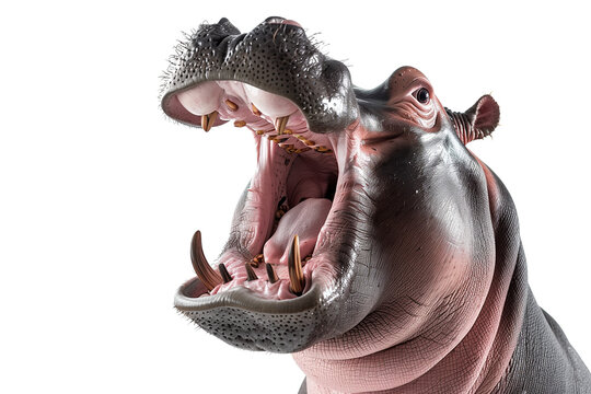 Hippopotamus opens wide mouth on transparent background