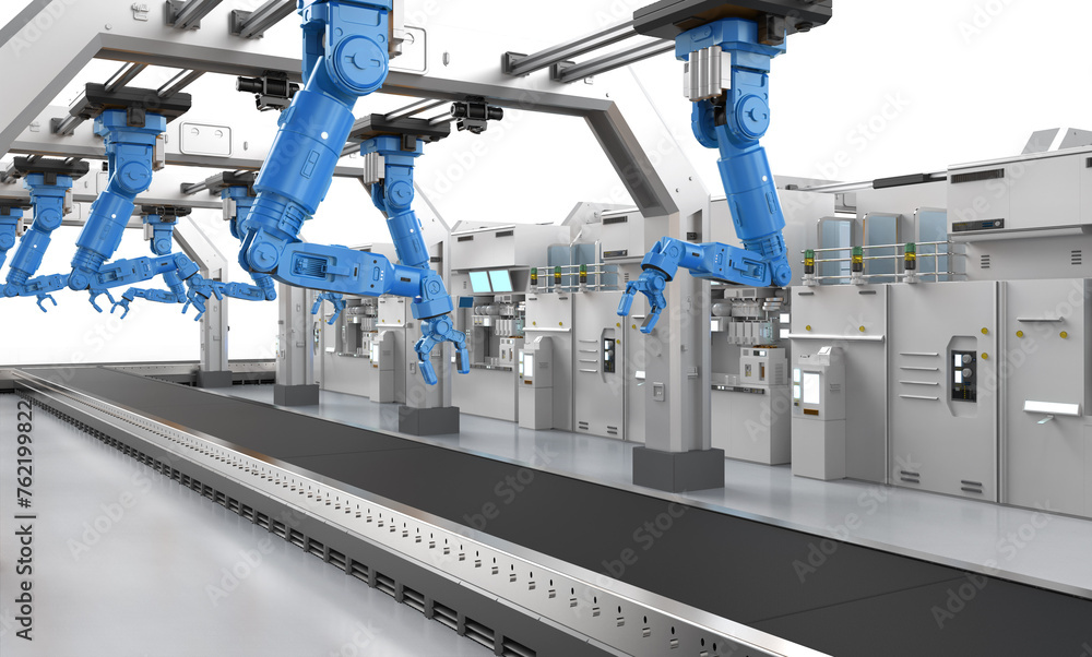Poster automation industry concept with robot assembly line in factory