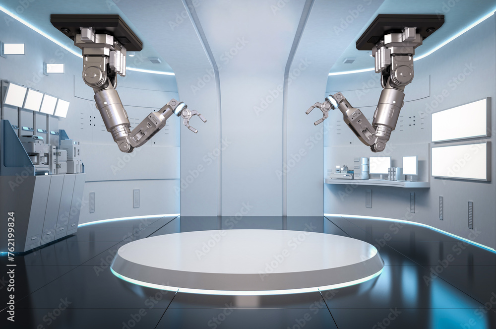 Poster robot assembly line in white futuristic factory or laboratory