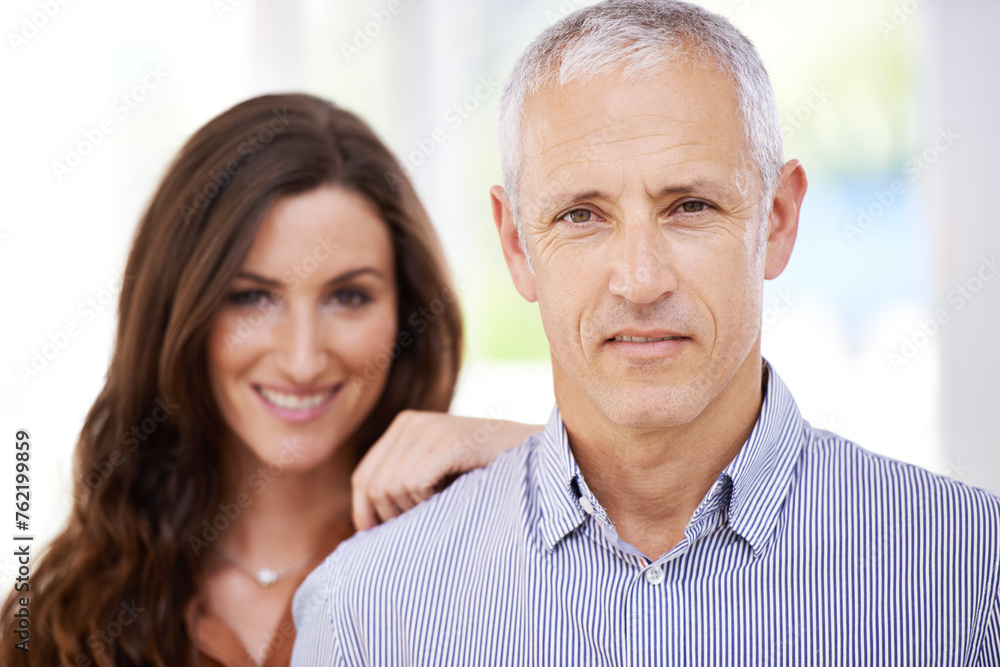 Wall mural Portrait, happy and senior man with woman for love, commitment and support with trust for relationship. Couple, age difference and together with pride for connection, bonding and respect with loyalty