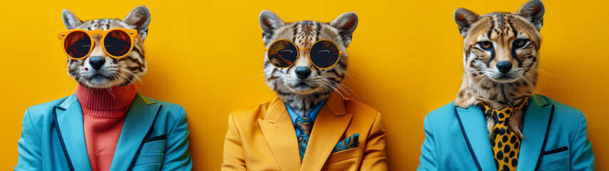 Three ocelots wear fashionable human clothing, standing against a vibrant yellow background, evoking style and surrealism - obrazy, fototapety, plakaty