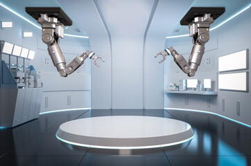 Robot assembly line in white futuristic factory or laboratory