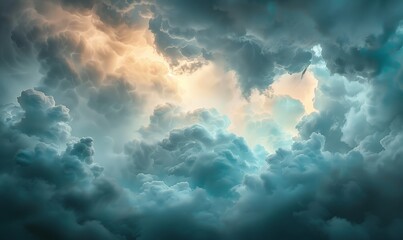 Beautiful dramatic stormy clouds background wallpaper. Scenic dark epic cloudscape panoramic view. Darken sky, dramatic fluffy clouds. - obrazy, fototapety, plakaty