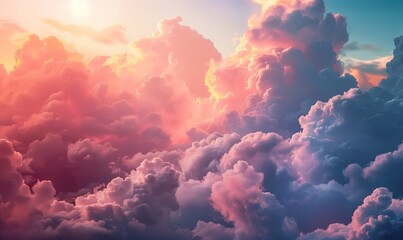 Beautiful morning sun surrounded by fluffy clouds background wallpaper. Scenic epic sunrise cloudscape panoramic view. Soft light and shadows. - obrazy, fototapety, plakaty