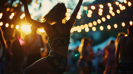 a solitary dancer lost in the rhythm of the music, at a music festival - obrazy, fototapety, plakaty