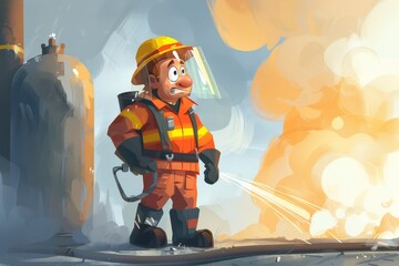 Cartoon Fireman Confronting Blaze