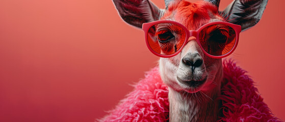 An elegant llama adorned with a feather boa and fashionable glasses stands against a red backdrop, exuding glamor and charm
