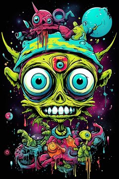 Alien creature in outer space. Doodle drawing in style of pop art. Ai Generative