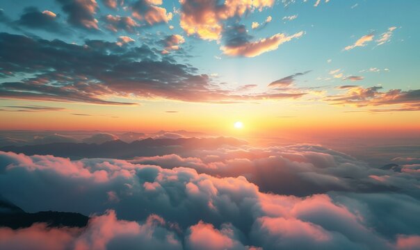 Beautiful morning sun surrounded by fluffy clouds background wallpaper. Scenic epic sunrise cloudscape panoramic view. Soft light and shadows.