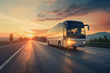 Fototapeta na wymiar Reisebus auf der Autobahn: Komfortable Busreise mit Blick auf die Straße