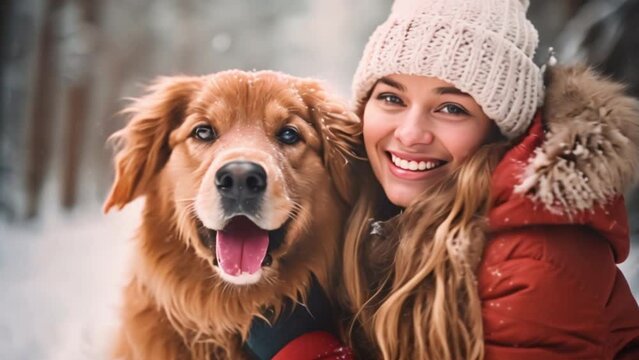 Happy family takes golden retriever dog for a walk in outdoor winter forest. Active Christmas holiday