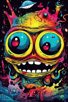 Alien creature in outer space. Doodle drawing in style of pop art. Ai Generative