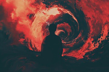 Silhouette engulfed in swirling, endless flames, conveying the eternal nature of punishment, hell. The color palette of deep reds and dark blacks. A black silhouette of a man in smoke . - obrazy, fototapety, plakaty