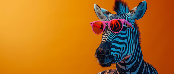 A vibrantly colored zebra sports pink sunglasses against an orange background, combining wildlife and whimsy - obrazy, fototapety, plakaty