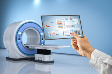 Doctor with graphic interface display in 3d rendering hospital room with mri scanner machine