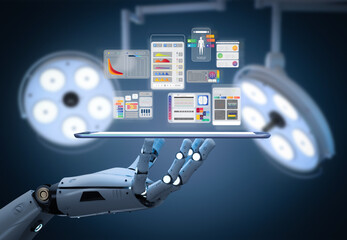 Medical technology concept with 3d rendering doctor robot with graphic interface display