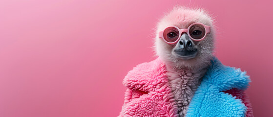 A person with a blurred face wears fluffy, multi-colored faux fur against a pink backdrop, suggesting anonymity - obrazy, fototapety, plakaty