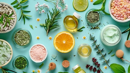 ingredients arranged flat for skin care products. Top view of natural makeup on a vivid backdrop. - obrazy, fototapety, plakaty