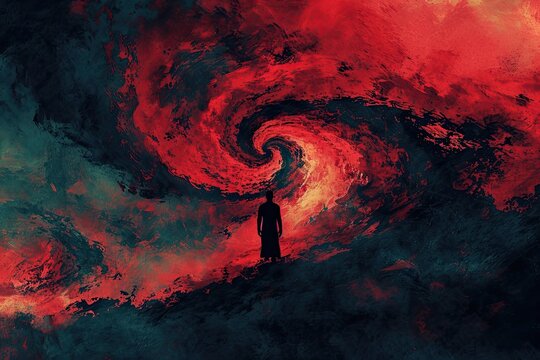 Silhouette engulfed in swirling, endless flames, conveying the eternal nature of punishment, hell. The color palette of deep reds and dark blacks. A black silhouette of a man in smoke .