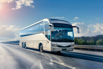 Reisebus auf der Autobahn: Komfortable Busreise mit Blick auf die Stra&szlig;e