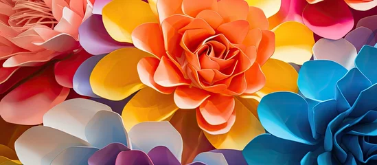 Fotobehang A creative display of colorful paper flowers stacked on top of each other, resembling a beautiful arrangement of roses in the rose family © 2rogan