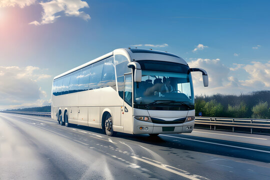 Reisebus auf der Autobahn: Komfortable Busreise mit Blick auf die Stra&szlig;e