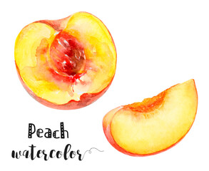 Watercolor illustration of peach fruit slice close up. Design template for packaging, menu, postcards. PNG