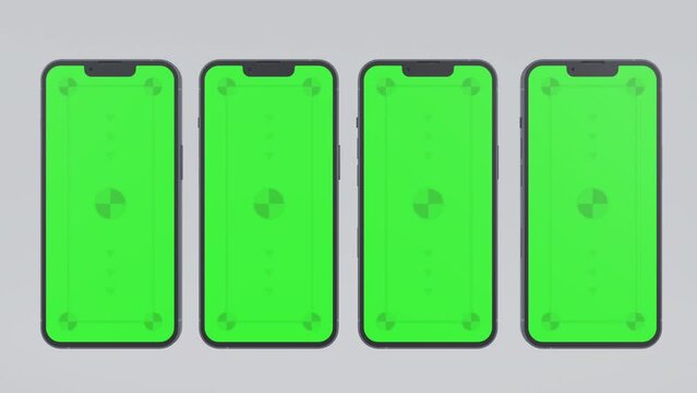 Smartphone with Blank Green Screen, Front View, Isolated on White Background. 4K Ultra HD Animation with Camera Track Motion for Presentation on Mockup Screen.