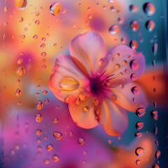 Close-up of water droplets on glass over a blurred floral pattern with vibrant orange and purple hues