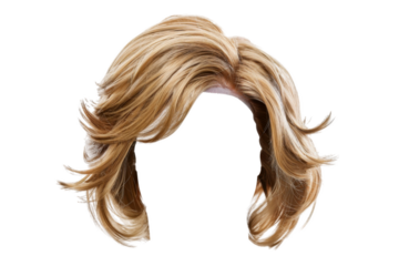 Stylish hair wig with trendy design isolated on background, front view, fashionable hairstyle concept.