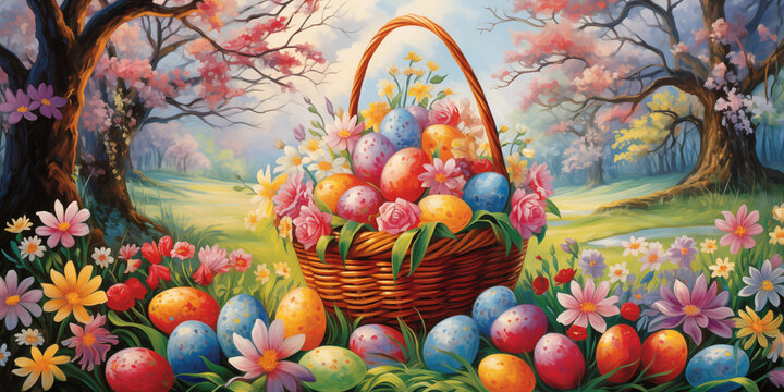 Colorful easter eggs in a basket amidst a vibrant spring scene with blooming trees