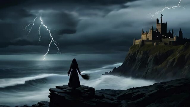 Silhouette of a witch with a broom overlooking a stormy sea by a cliffside castle. Thunderstorm with lightning over ocean waves. Concept of gothic fantasy, magic, and epic storytelling.
