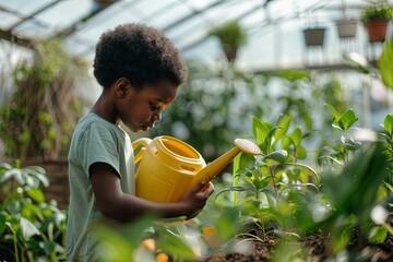 Little  black Afroamerican boy watering, taking care of plants in greenhouse, during first spring days. Concept of water conservation in garden and family gardening.