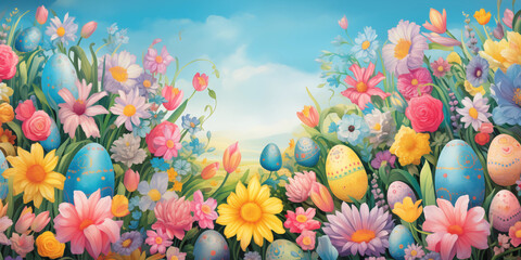Vibrant panoramic scene with painted easter eggs and a multitude of spring flowers under a clear sky