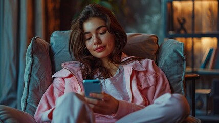 Happy, laid-back young lady in a pink jacket using a phone while seated on a modern living room chair against a black background.