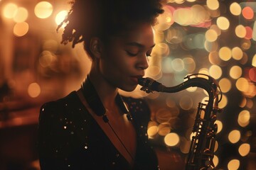 Portrait of Biracial woman playing the saxophone in a jazz bar with blurry background and lights.
