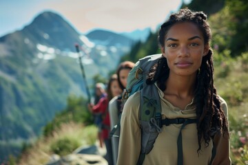 Portrait of a young biracial woman leading a group of hikers on the mountain trail looking at camera. - Powered by Adobe