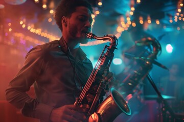 Biracial man playing the saxophone in a bar with smoke and lights. - obrazy, fototapety, plakaty