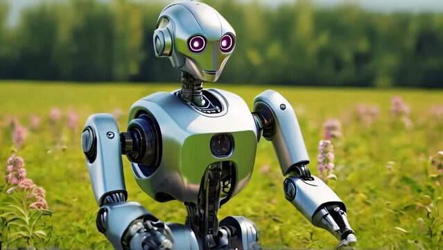 Modern humanoid robot amid blooming flowers. Friendly steel android. Intersection of technology and ecology. Concept innovation, eco-friendly robotics, and scientific exploration
