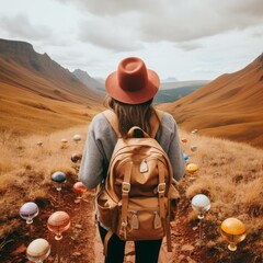 Woman With Backpack and Red Hat in Field