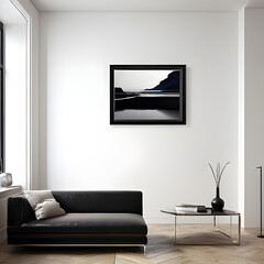 white wall frame in a modern living room with asofa a contemporary artwork hanging on awhite