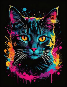 Rainbow Feline under a Yellow Moon: Fantasy Cat Art for T-Shirt Design