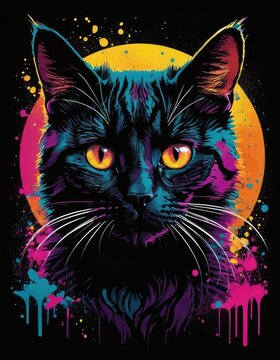 Glowing Gaze: Whimsical Cat under a Yellow Moon for T-Shirt Design
